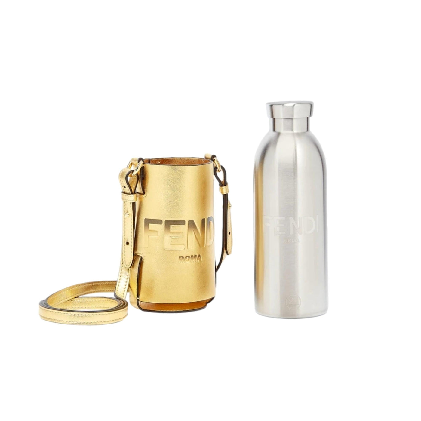 Fendi Roma Logo Steel Bottle and Gold Leather Holder Set - LUXURYMRKT