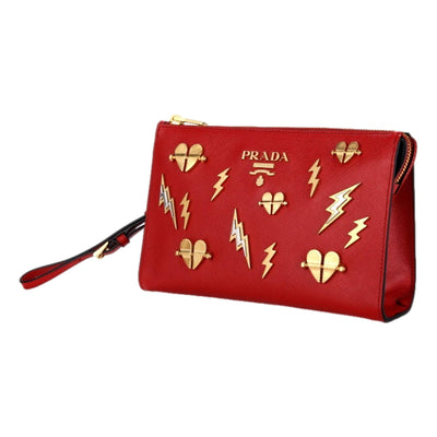 Prada Fuoco Red Saffiano Leather Gold Hearts Pouch Wristlet Clutch Bag - LUXURYMRKT