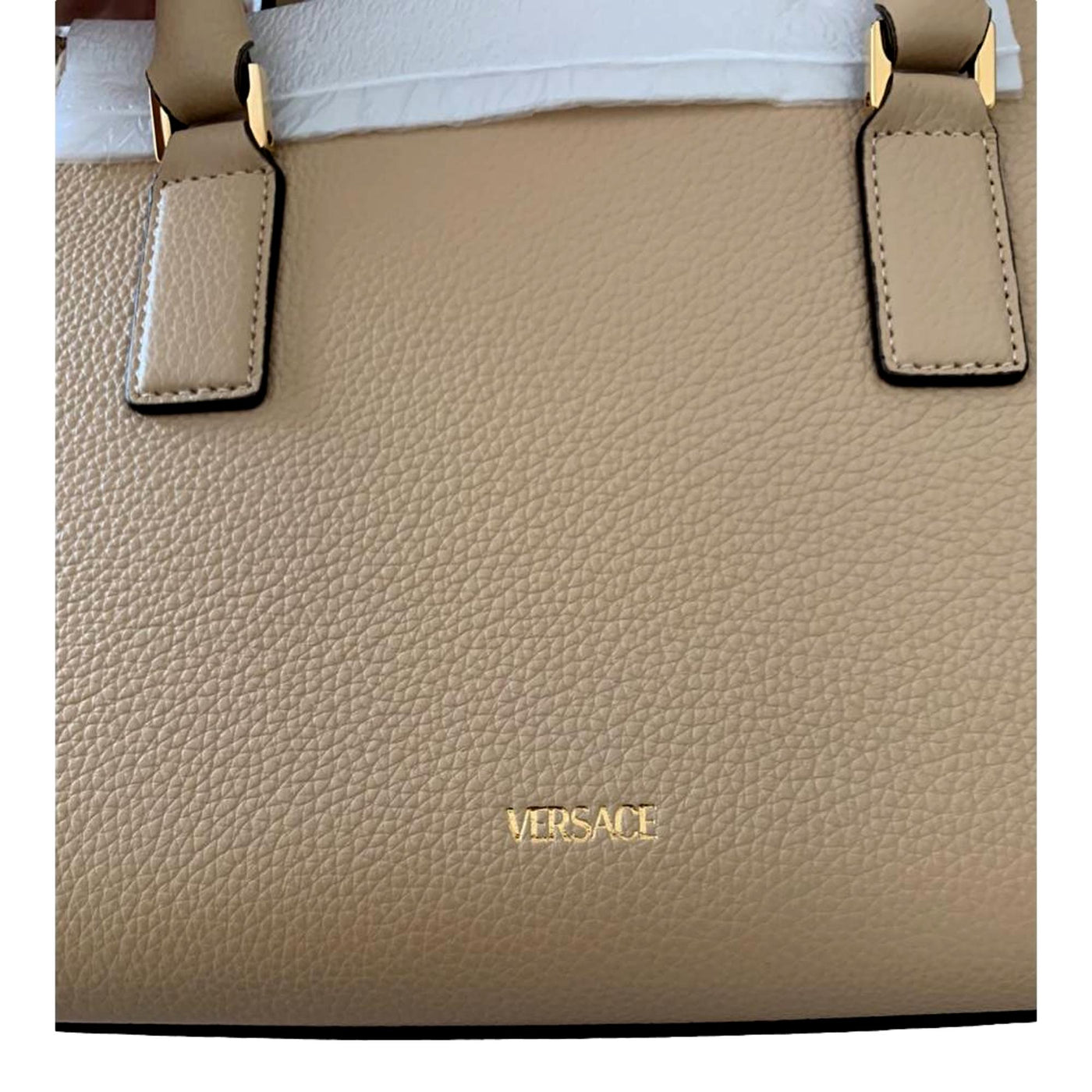 Versace Virtus Beige Calf Leather Top Handle Crossbody Bag - LUXURYMRKT