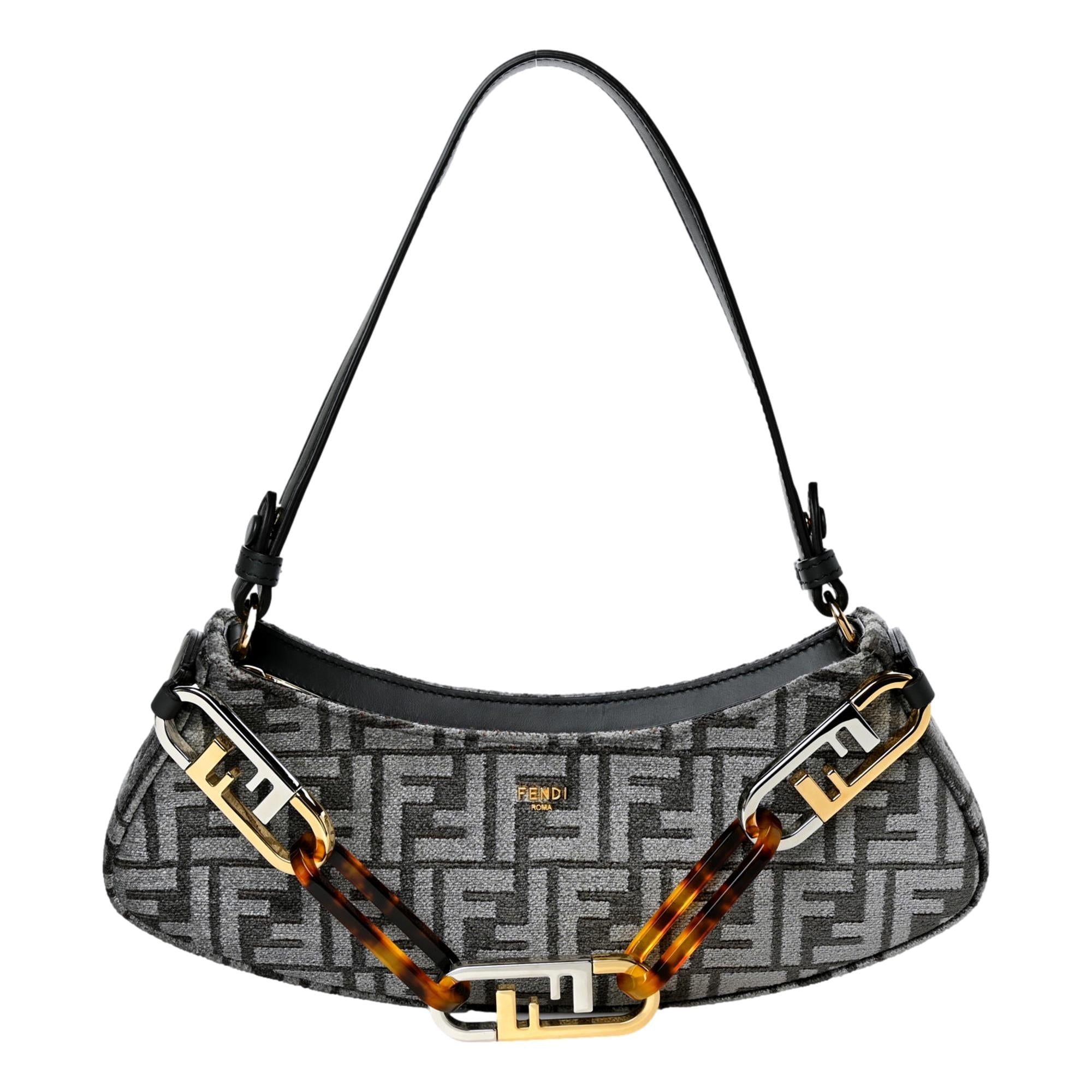 Fendi O'Lock Swing FF Logo Anthracite Gray Chenille Shoulder Bag - LUXURYMRKT