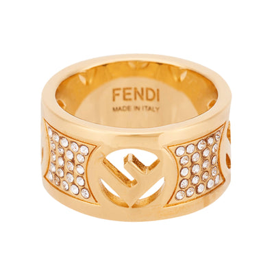 Fendi F is Fendi Logo Ring Wide Band Crystal Gold Metal Size Large - LUXURYMRKT