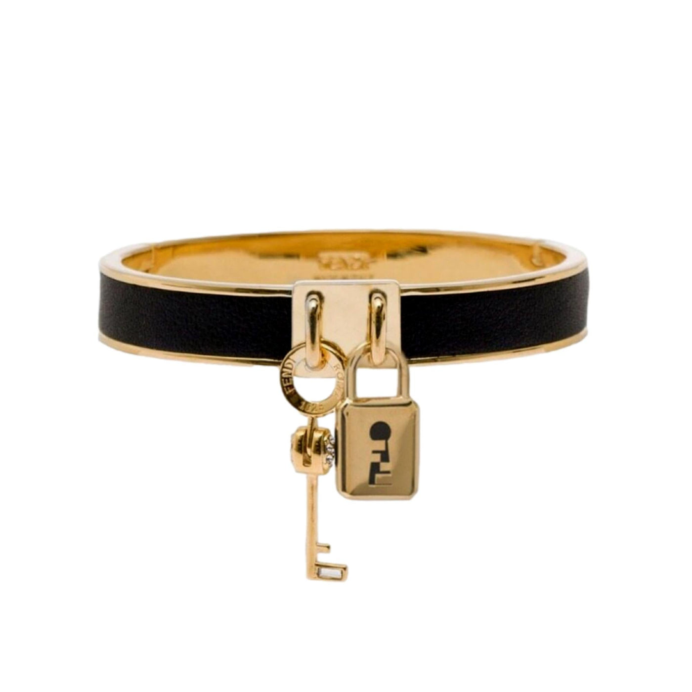 Fendi Master Key Black Leather Gold Small Bracelet - LUXURYMRKT
