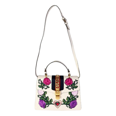 Gucci Sylvie Embroidered Off White Medium Top Handle Bag - LUXURYMRKT