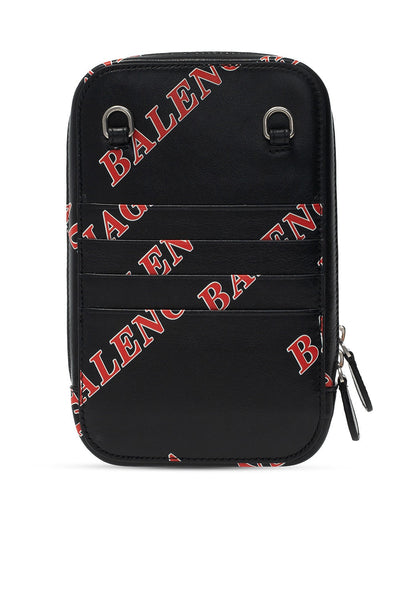 Balenciaga Black Calfskin Leather Sport Print Phone Holder Bag - LUXURYMRKT