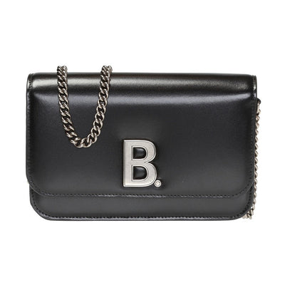 Balenciaga Black Calfskin Leather Silver Logo Chain Wallet Bag - LUXURYMRKT