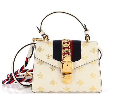 Gucci White Calfskin Mini Sylvie Bee Star Top Handle Bag - LUXURYMRKT