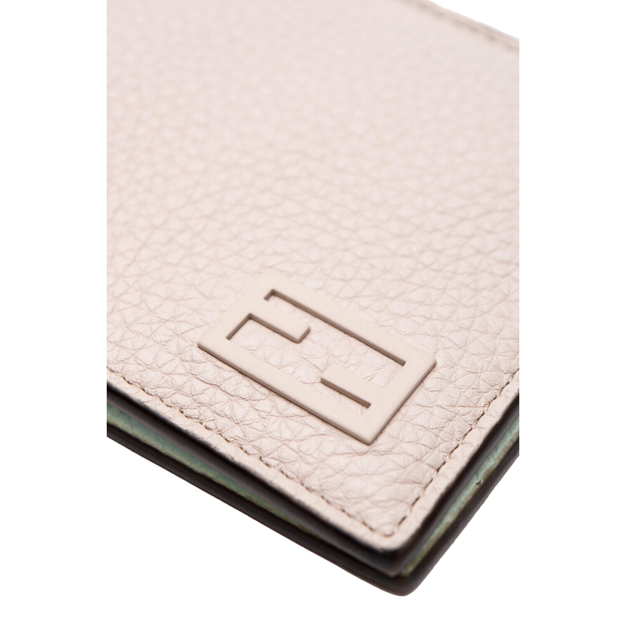 Fendi FF Logo Plaque Light Gray Pebbled Calf Leather Bifold Wallet - LUXURYMRKT