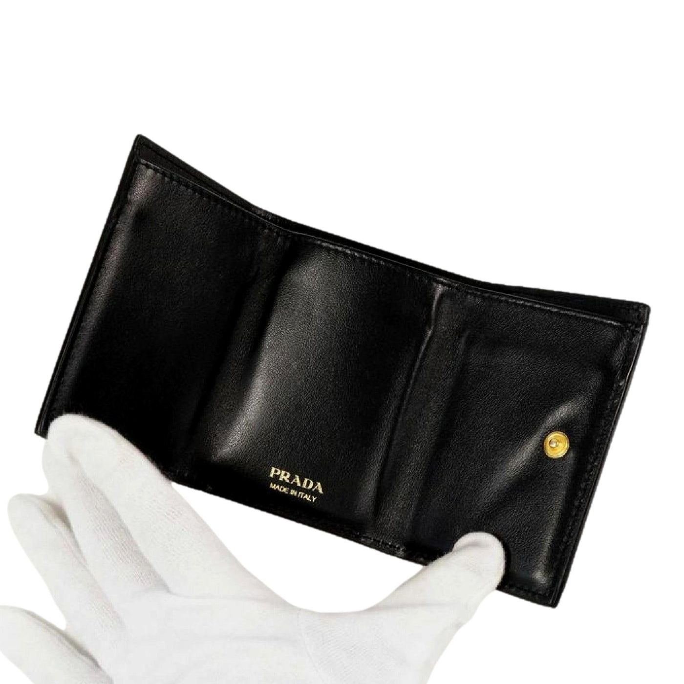 Prada Womens Vitello Move Black Leather Compact Envelope Trifold Wallet - LUXURYMRKT