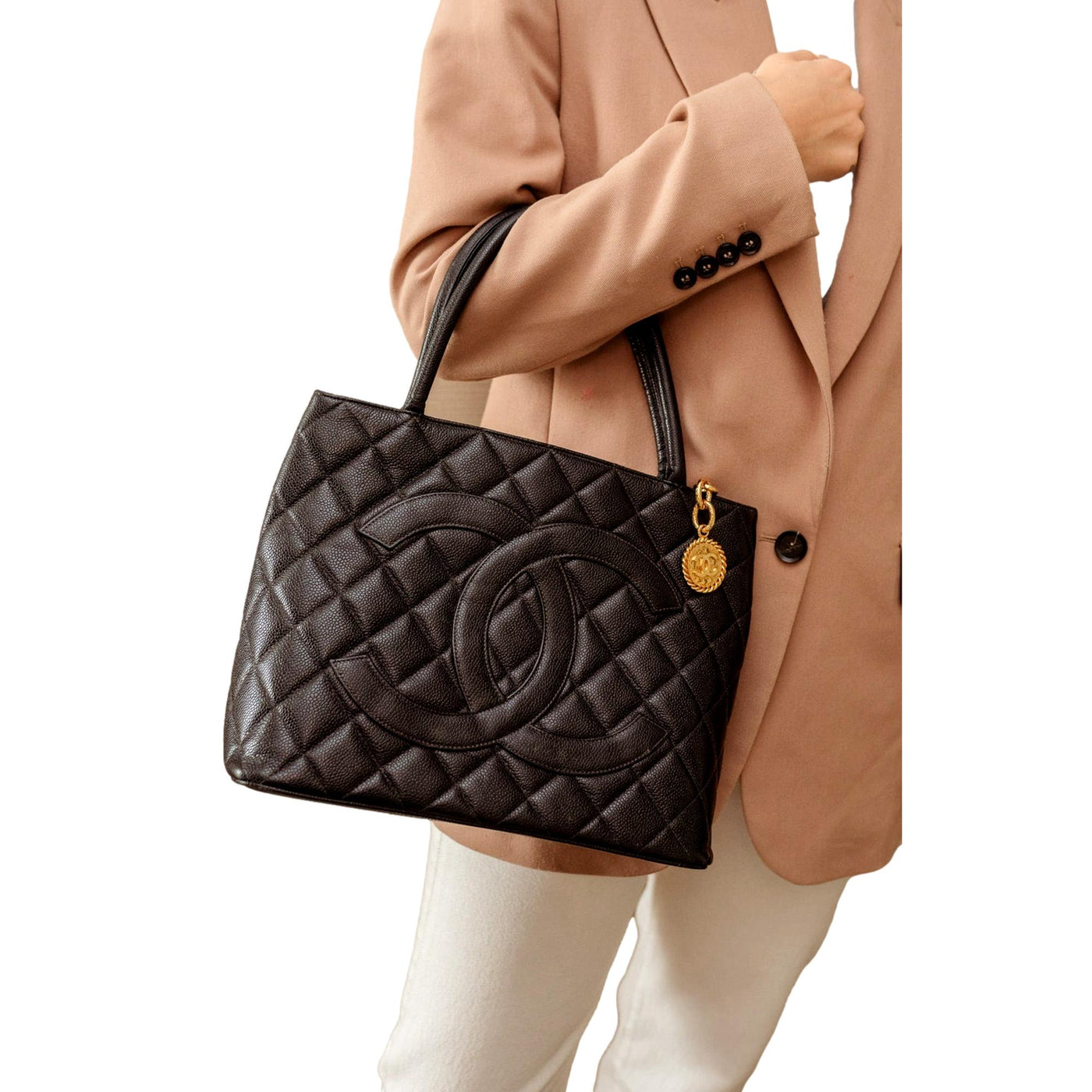 Chanel Medallion Black Caviar Quilted Leather Tote Bag - LUXURYMRKT