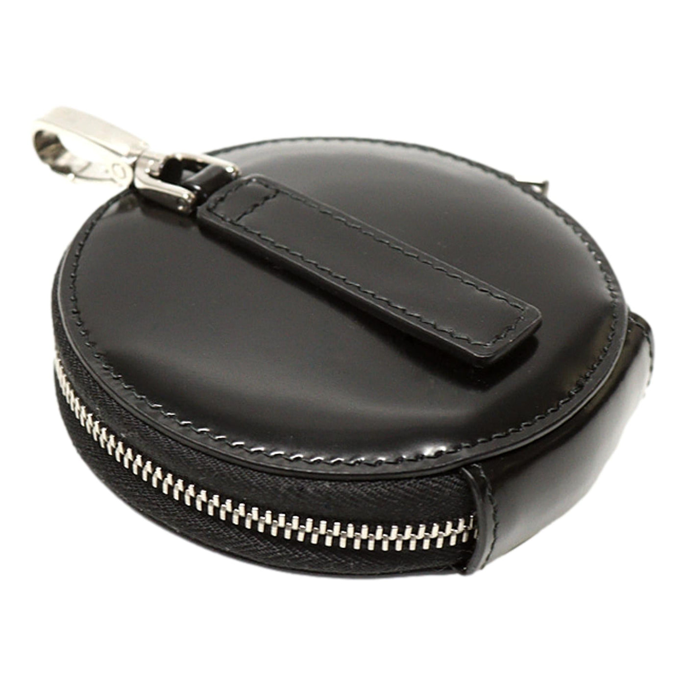 Prada Triangle Plaque Smooth Black Leather Round Mini Pouch Keychain - LUXURYMRKT