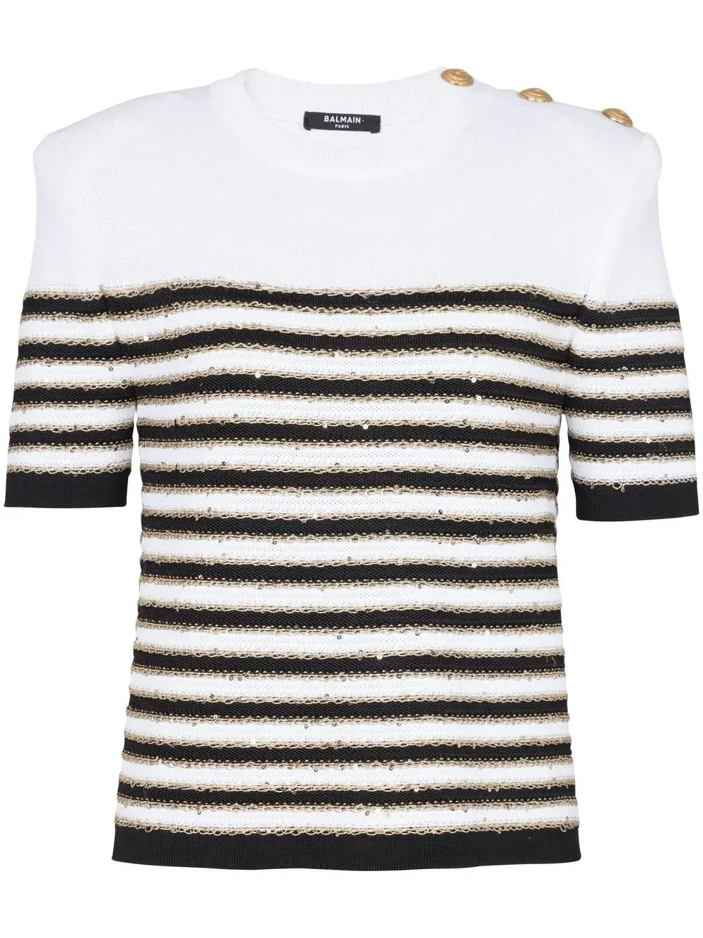 BALMAIN WOMEN 3BTN Striped Knit Top White Black-FR38(S)