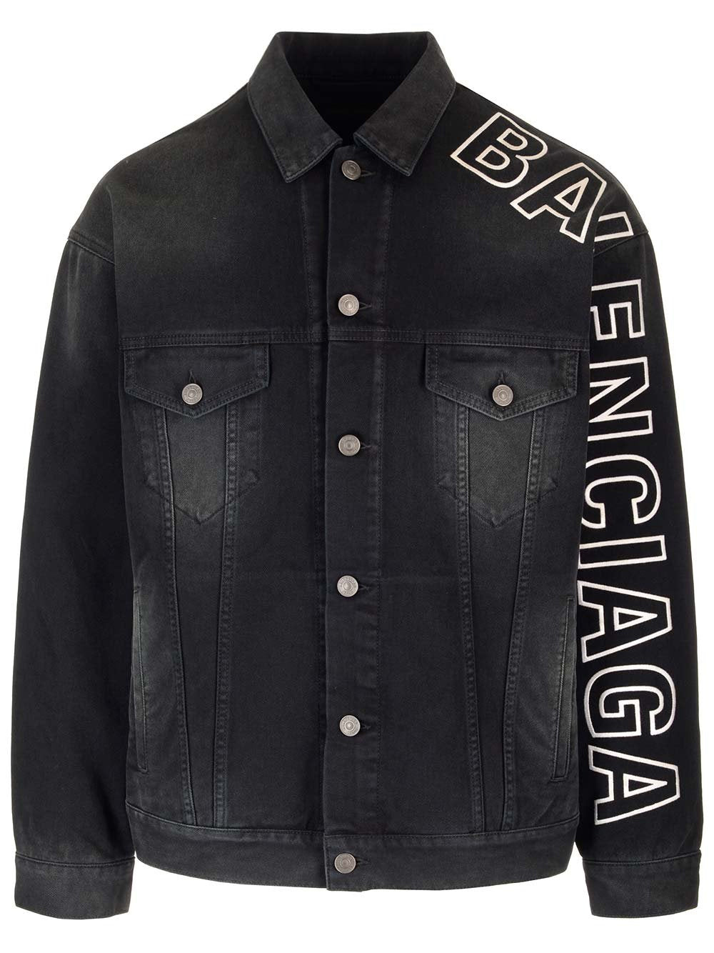 BALENCIAGA UNISEX Embroidered Logo Denim Jacket Sunbleached Black-XS