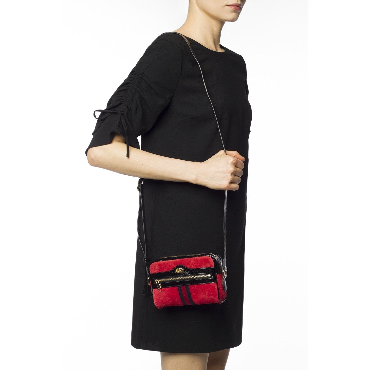 Gucci Ophidia Red Suede Patent Web Mini Shoulder Bag - LUXURYMRKT