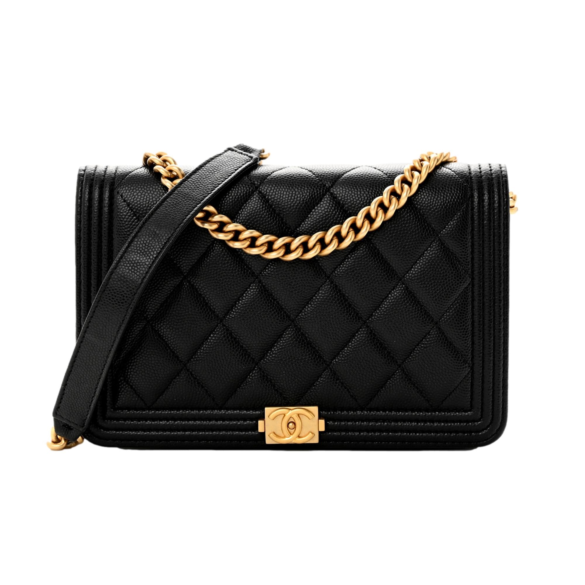 Chanel Boy Quilted Black Caviar Leather Wallet on Chain Crossbody Bag - LUXURYMRKT