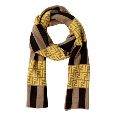Fendi FF Print Striped Brown and Yellow Knitted Wool Scarf - LUXURYMRKT