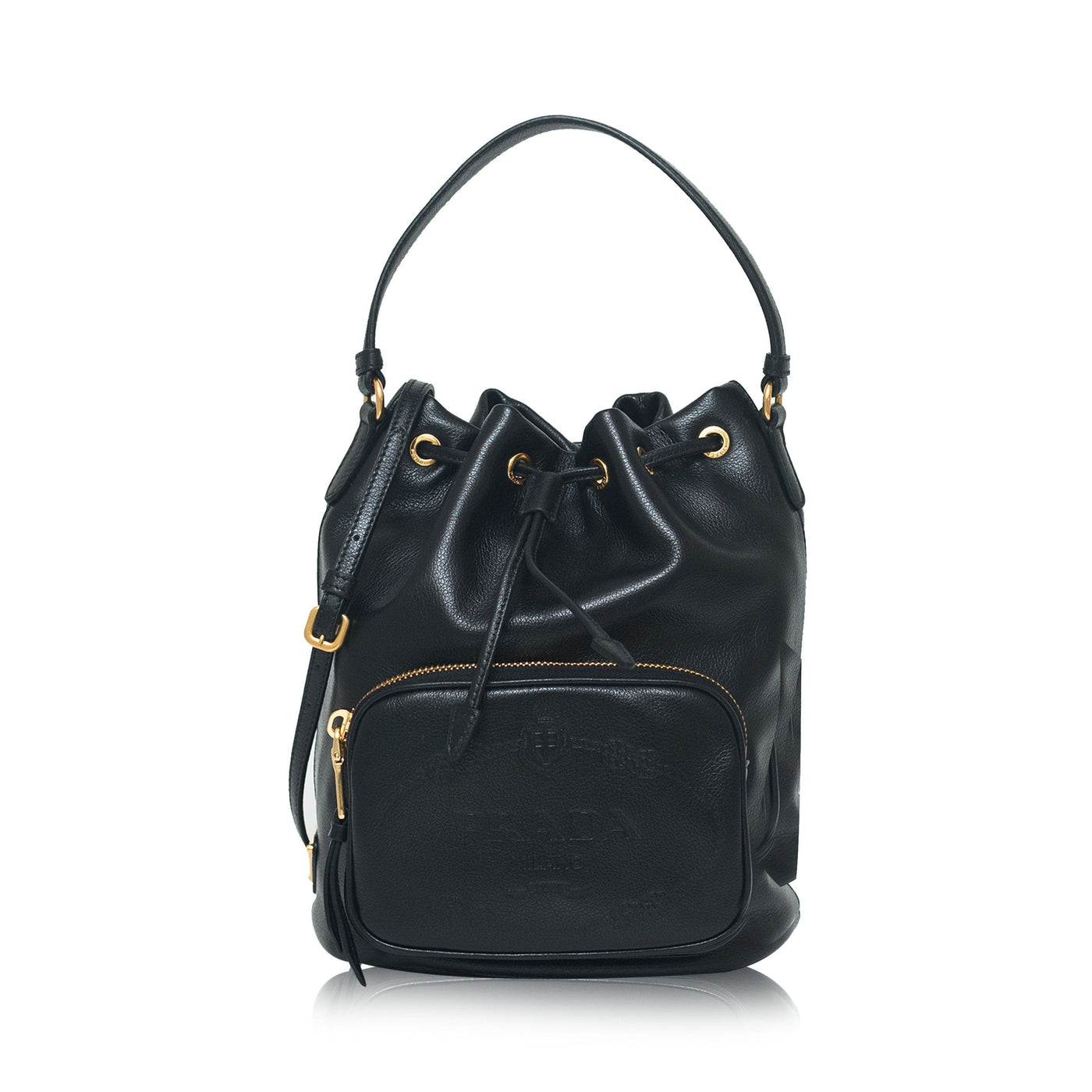 Prada Black Glace Calf Leather Logo Small Bucket Crossbody Bag - LUXURYMRKT