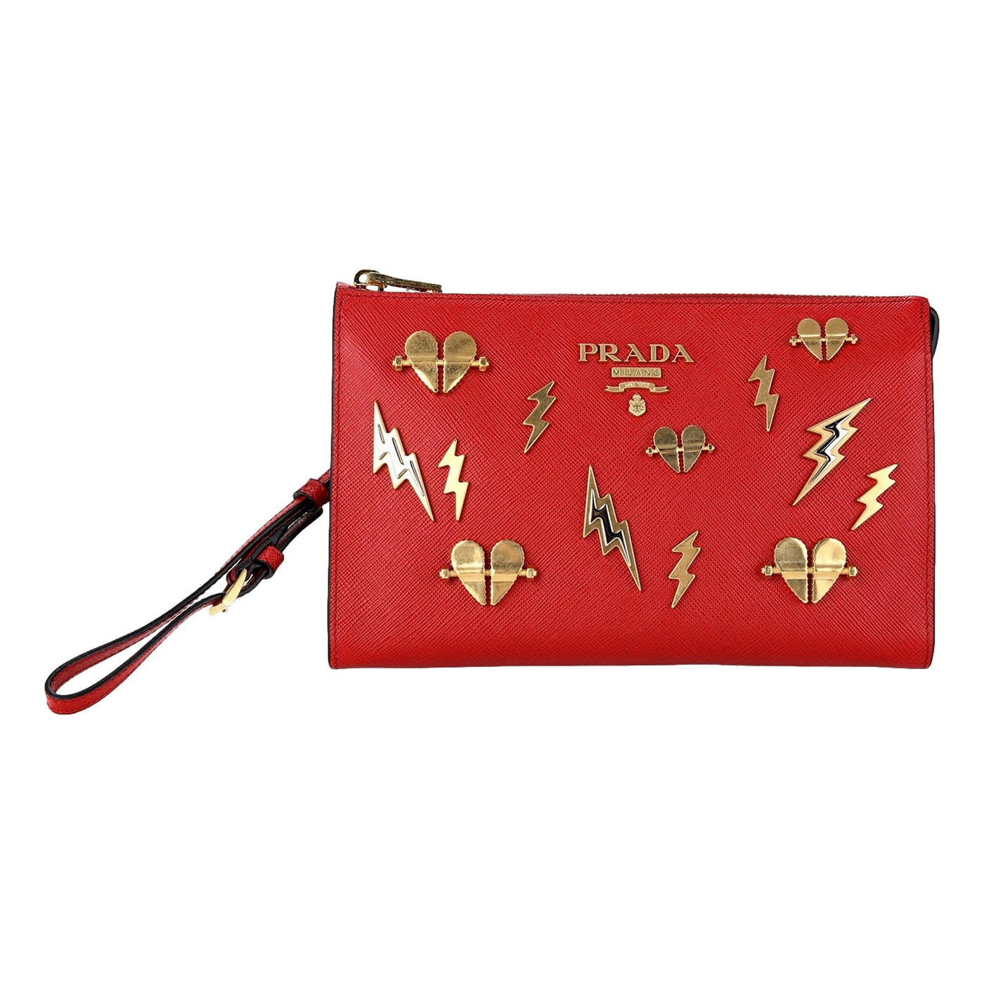 Prada Fuoco Red Saffiano Leather Gold Hearts Pouch Wristlet Bag 1NE007 - LUXURYMRKT