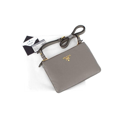 Prada Vitello Phenix Argilla Gray Leather Logo Plaque Crossbody Bag - LUXURYMRKT