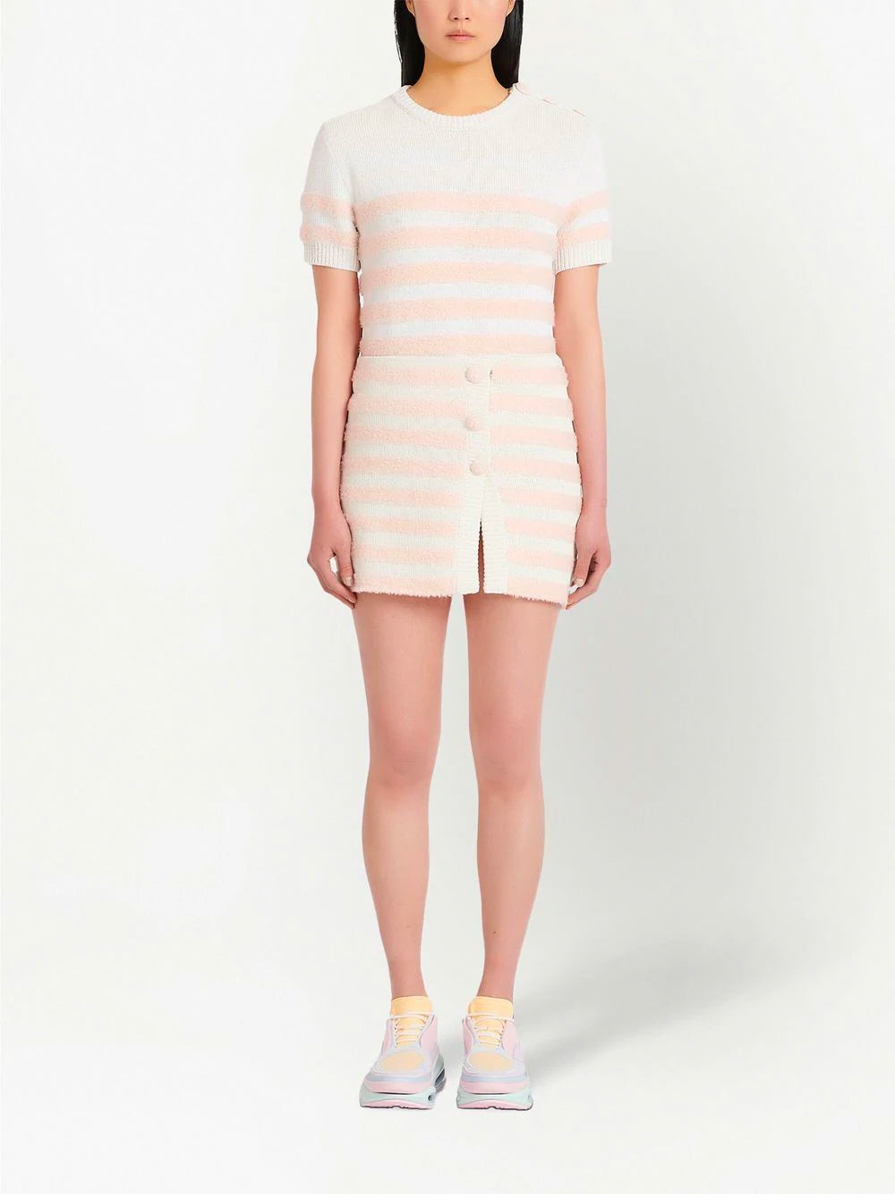 BALMAIN WOMEN Striped Knitted Button-up Skirt Pink White-FR34(XXS)