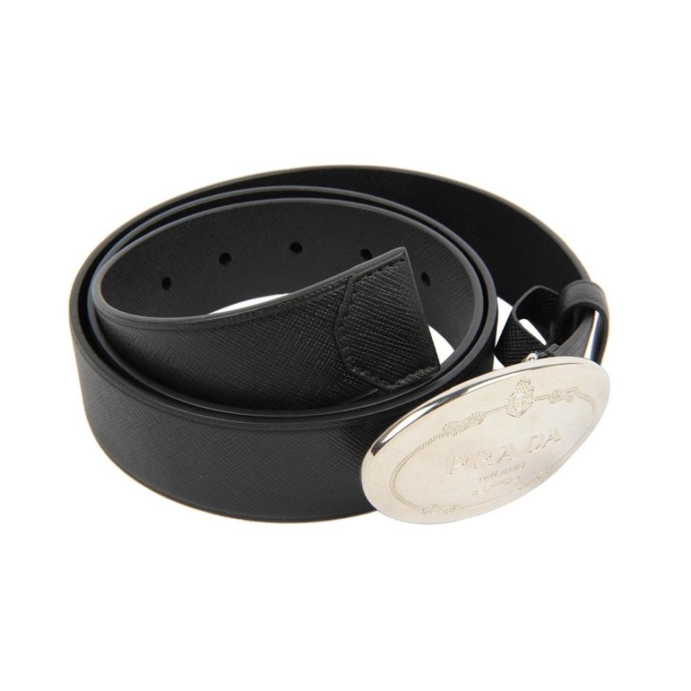 Prada Black Saffiano Leather Engraved Oval Plaque Buckle Size: 110/44 Belt - LUXURYMRKT