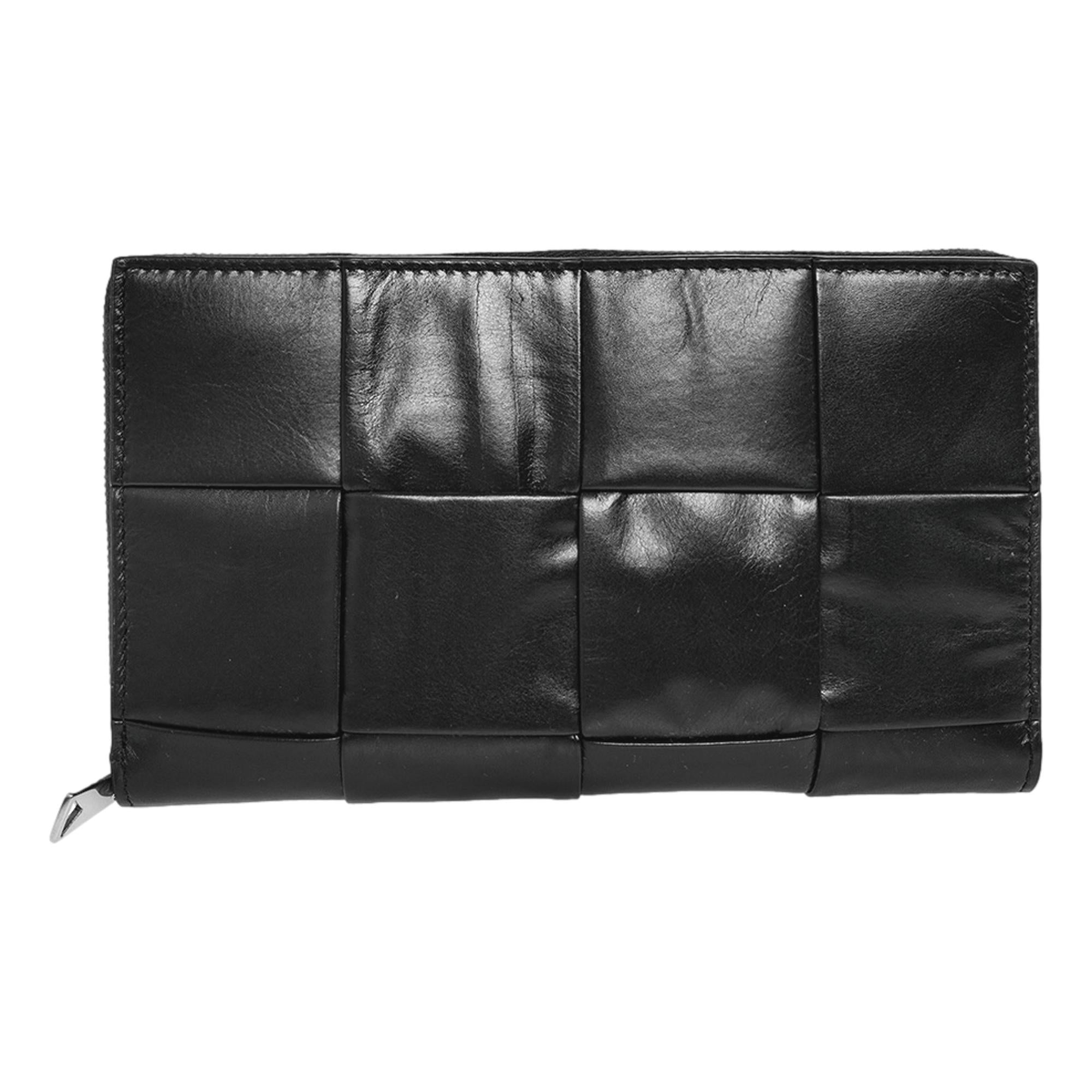 Bottega Veneta Intrecciato Cassette Black Leather Zip Around Continental Calfskin Wallet - LUXURYMRKT