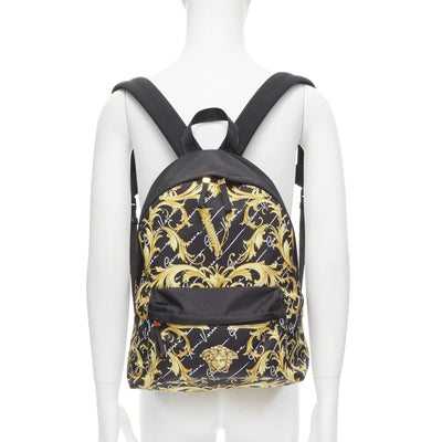 Versace Black Nylon Barocco Signature Print Zip Backpack - LUXURYMRKT