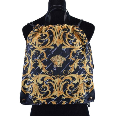 Versace Black Nylon Barocco Signature Print Drawstring Backpack - LUXURYMRKT