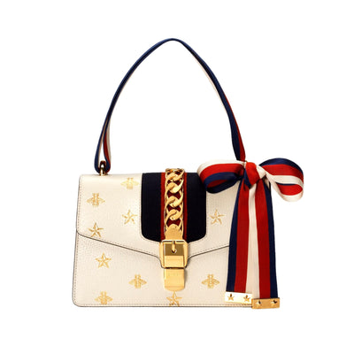 Gucci Sylvie Bee Star Ivory Leather Shoulder Bag - LUXURYMRKT