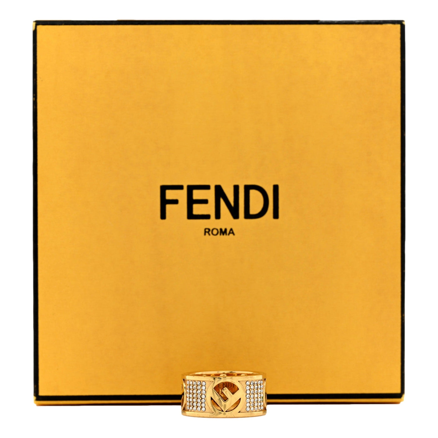 Fendi F is Fendi Logo Ring Wide Band Crystal Gold Metal Size Large - LUXURYMRKT