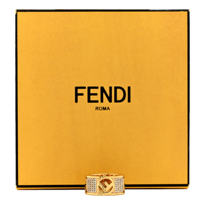 Fendi F is Fendi Logo Ring Wide Band Crystal Gold Metal Size Medium - LUXURYMRKT