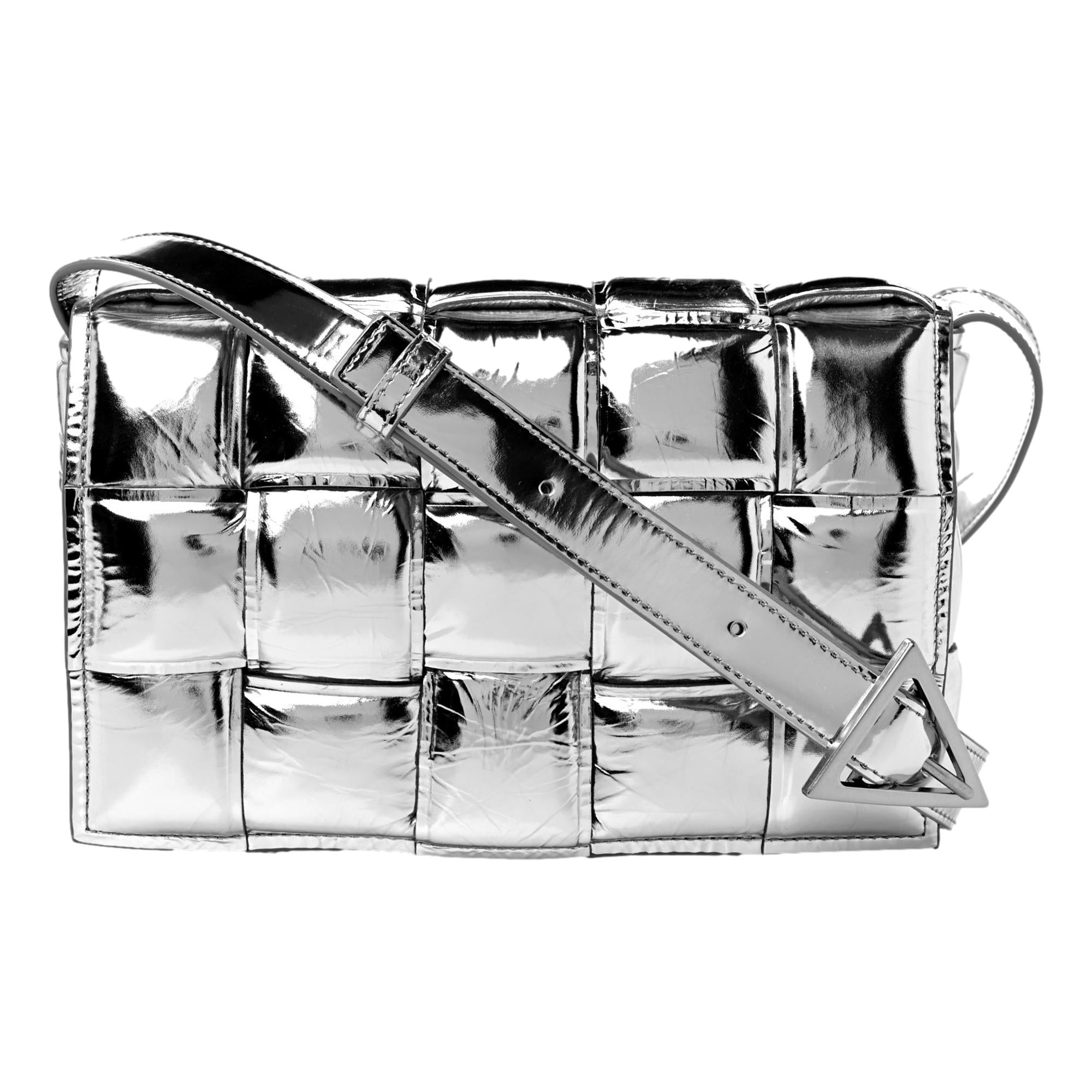 Bottega Veneta Padded Cassette Metallic Silver Lambskin Crossbody Bag - LUXURYMRKT