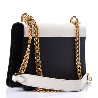Prada Bianco White Black Saffiano Leather Chain Crossbody Bag - LUXURYMRKT