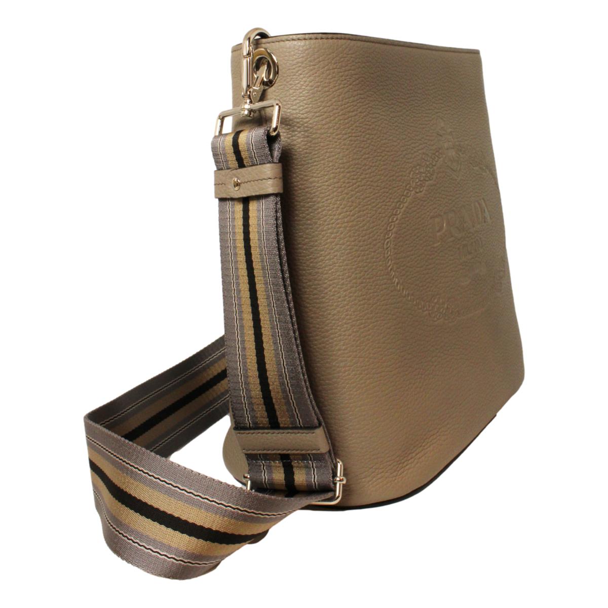 Prada Vitello Phenix Grey Leather Stripe Strap Bucket Bag - LUXURYMRKT