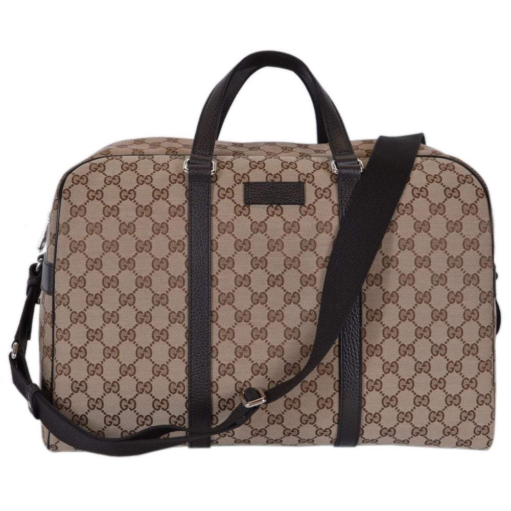 Gucci Large GG Logo Beige Canvas Brown Leather Strap Duffle Bag - LUXURYMRKT