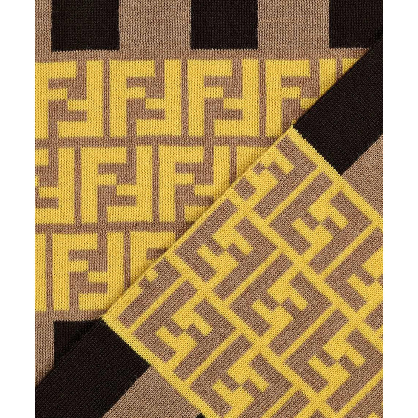Fendi FF Print Striped Brown and Yellow Knitted Wool Scarf - LUXURYMRKT