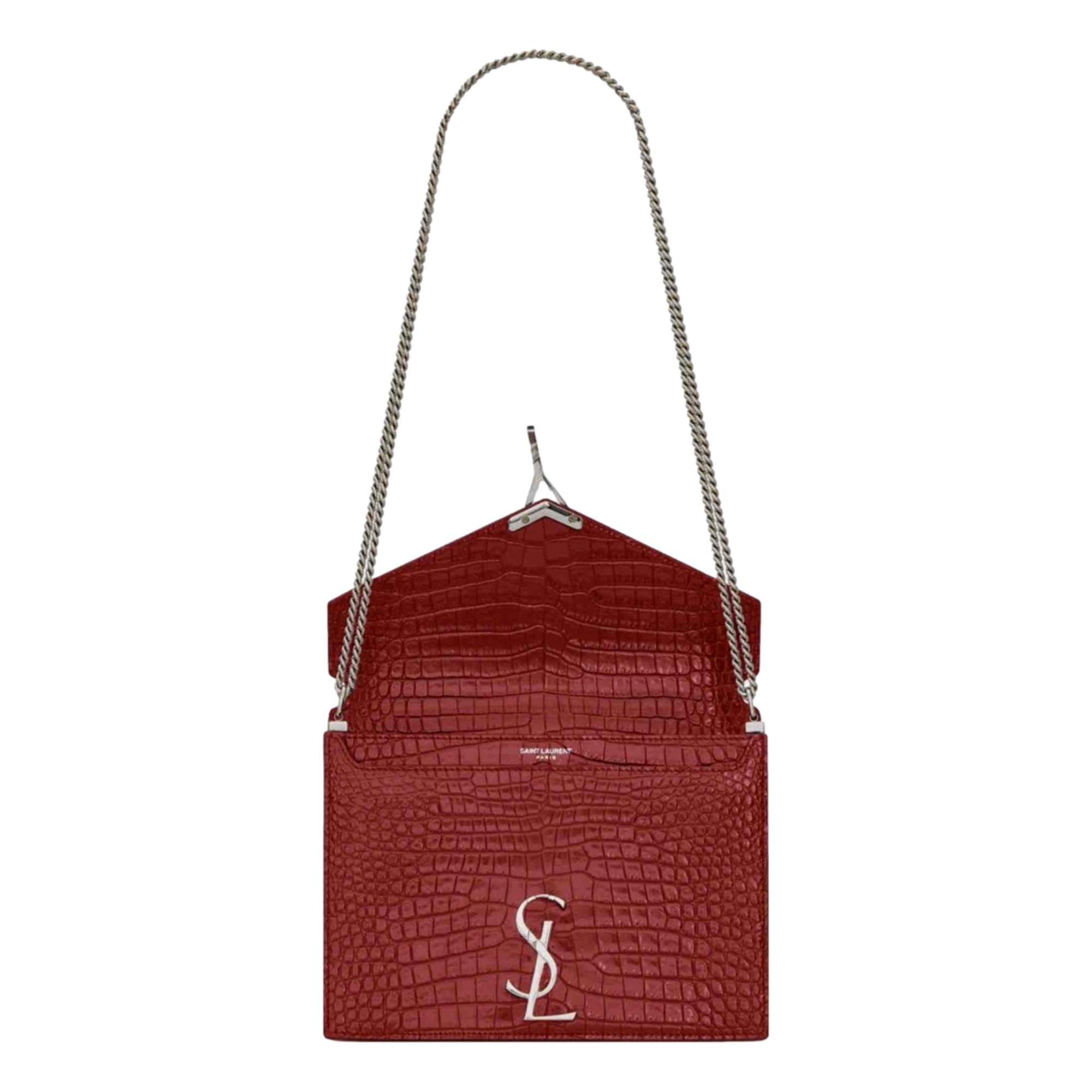 Saint Laurent Cassandra Red Croc Leather Medium Shoulder Bag - LUXURYMRKT