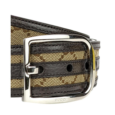 Gucci GG Brown and Beige Canvas Leather Trim Belt Size 36/90 - LUXURYMRKT