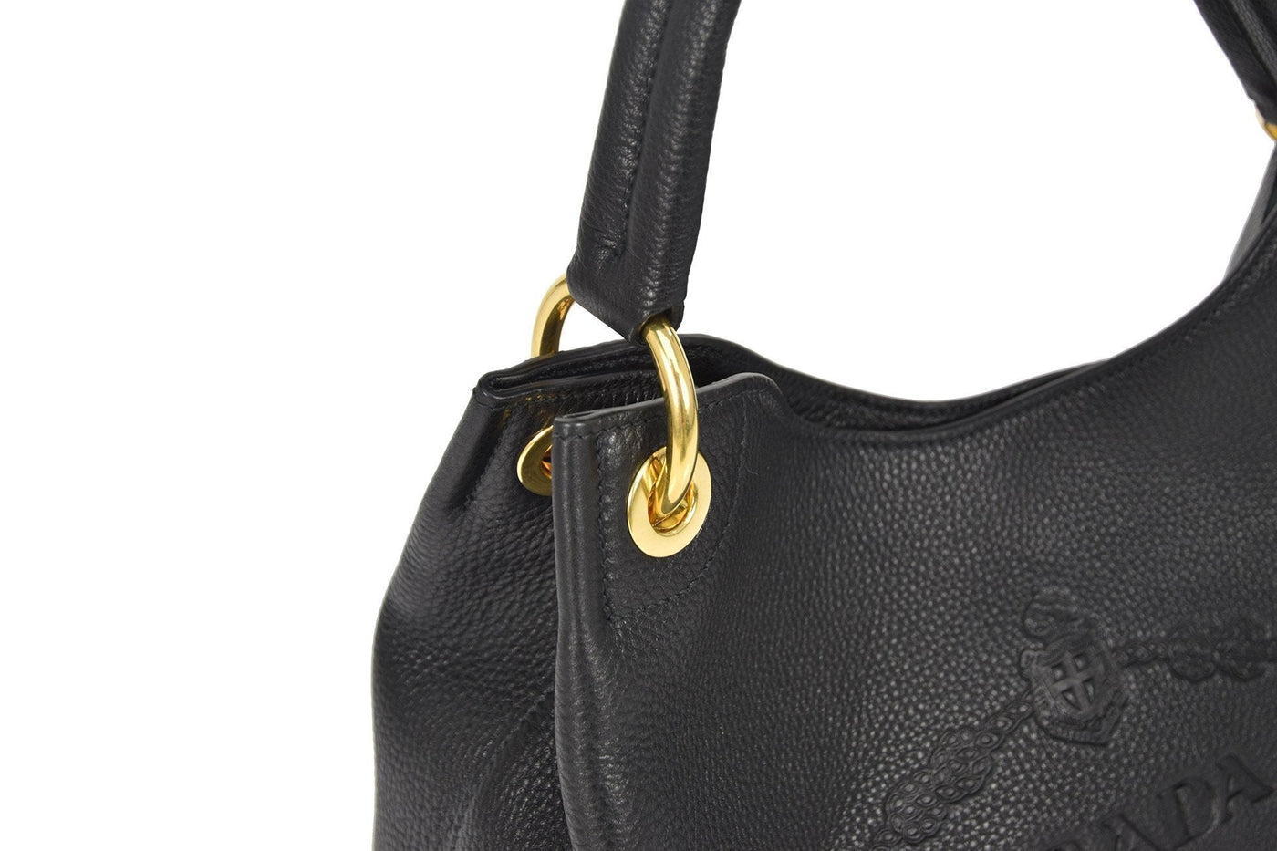 Prada Vitello Phenix Black Leather Embossed Logo Hobo Tote Bag - LUXURYMRKT