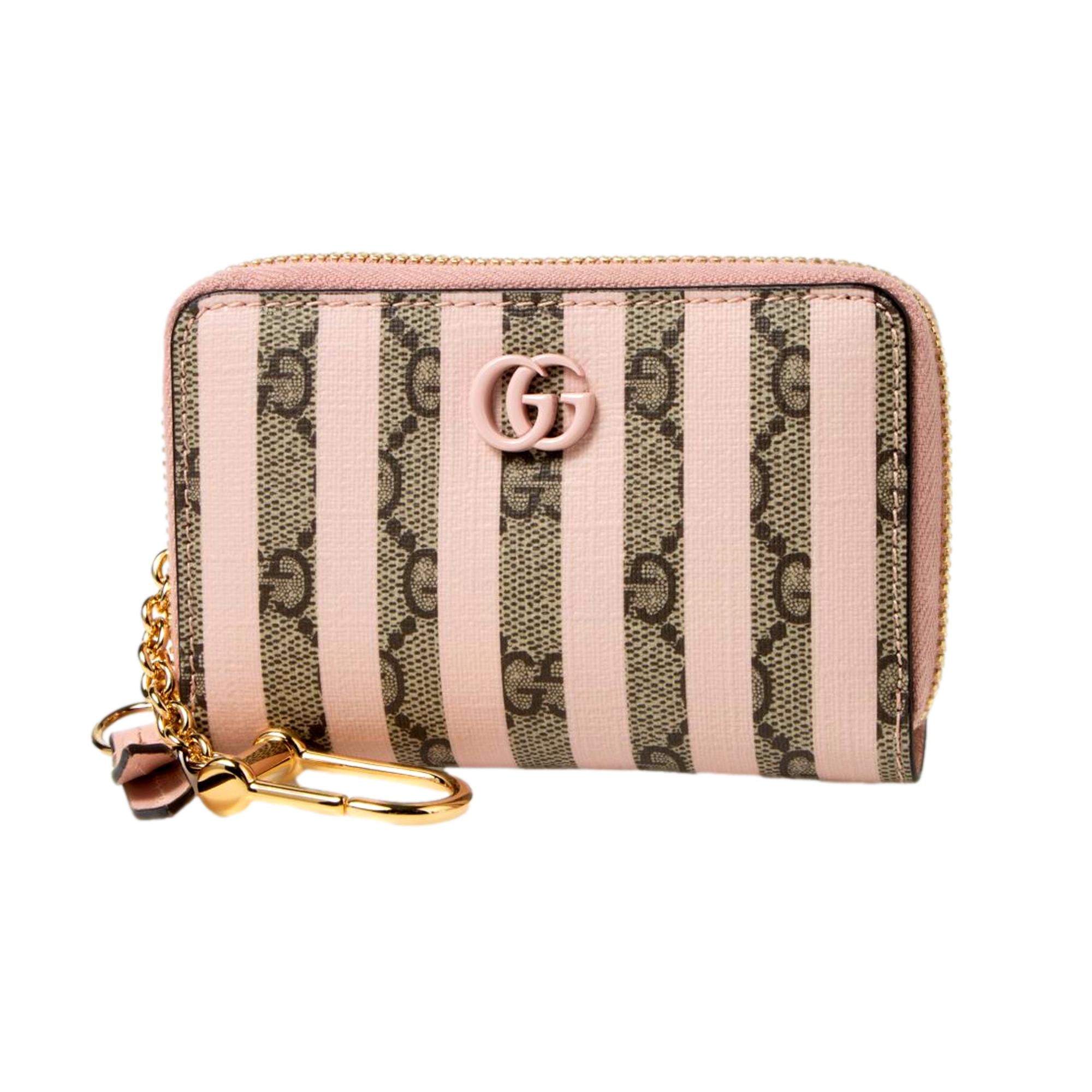 Gucci GG Monogram Canvas Pink Stripes Zip Around Compact Wallet - LUXURYMRKT