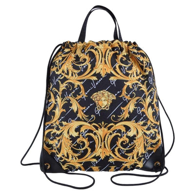 Versace Black Nylon Barocco Signature Print Drawstring Backpack - LUXURYMRKT