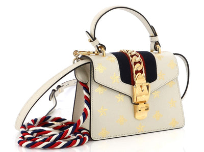 Gucci White Calfskin Mini Sylvie Bee Star Top Handle Bag - LUXURYMRKT