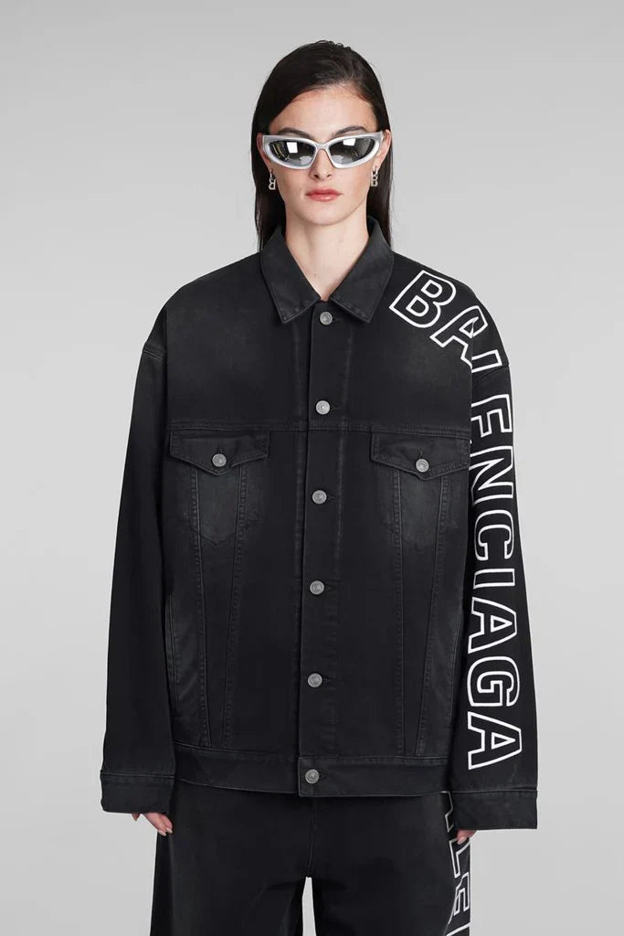 BALENCIAGA UNISEX Embroidered Logo Denim Jacket Sunbleached Black-XS