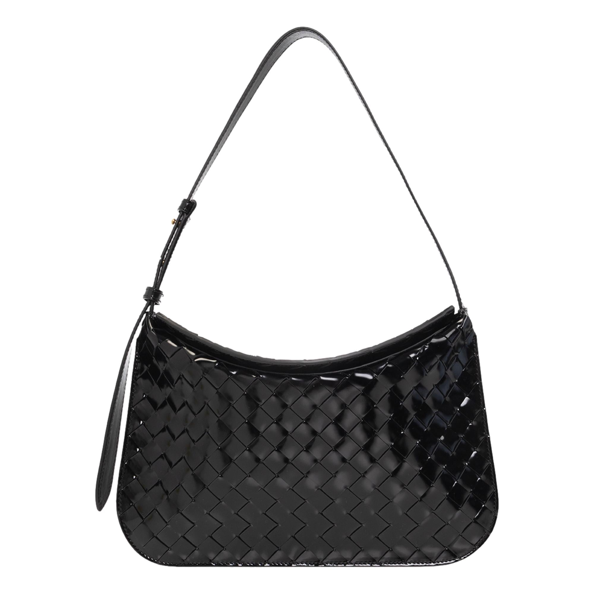 Bottega Veneta Intrecciato Patent Black Leather Flap Small Shoulder Bag - LUXURYMRKT