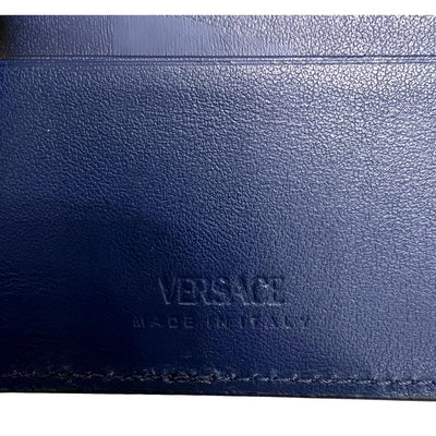 Versace La Medusa Logo Plaque Navy Blue Calf Leather Bifold Wallet - LUXURYMRKT