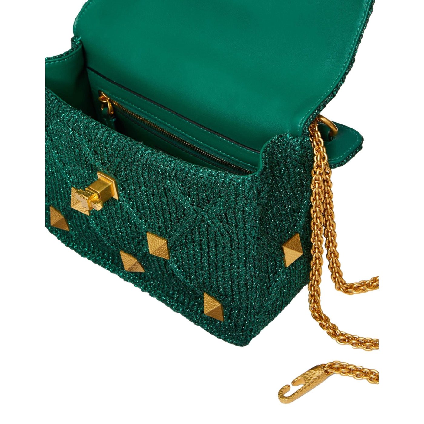 Valentino Garavani Roman Stud Medium Shoulder Bag Metallic Green Lurex - LUXURYMRKT