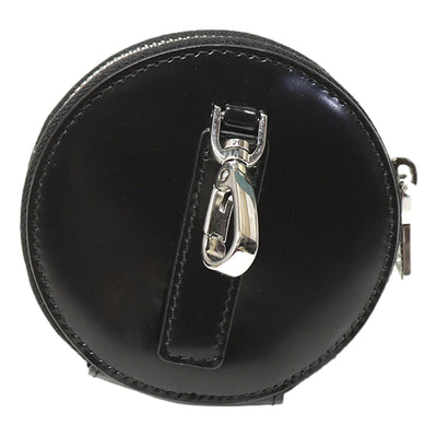 Prada Triangle Plaque Smooth Black Leather Round Mini Pouch Keychain - LUXURYMRKT