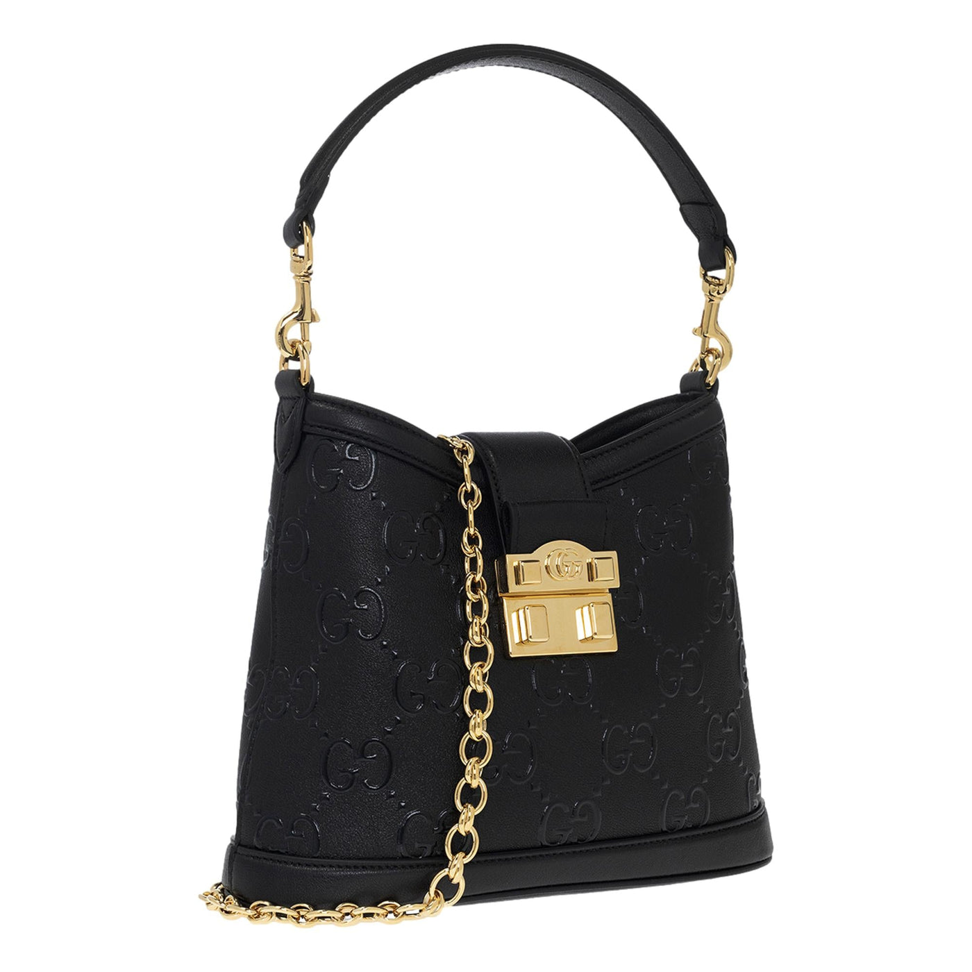 Gucci GG Black Embossed Pebbled Leather Gold Chain Shoulder Bag - LUXURYMRKT