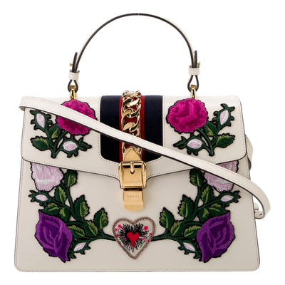 Gucci Sylvie Embroidered Off White Medium Top Handle Bag - LUXURYMRKT