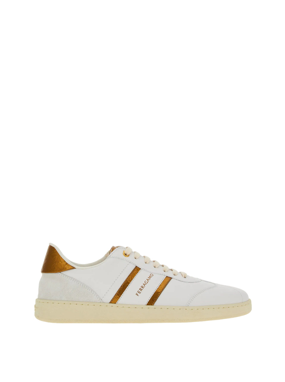 Salvatore Ferragamo Ferragamo Achille 2 Low Top Sneaker In White And Gold