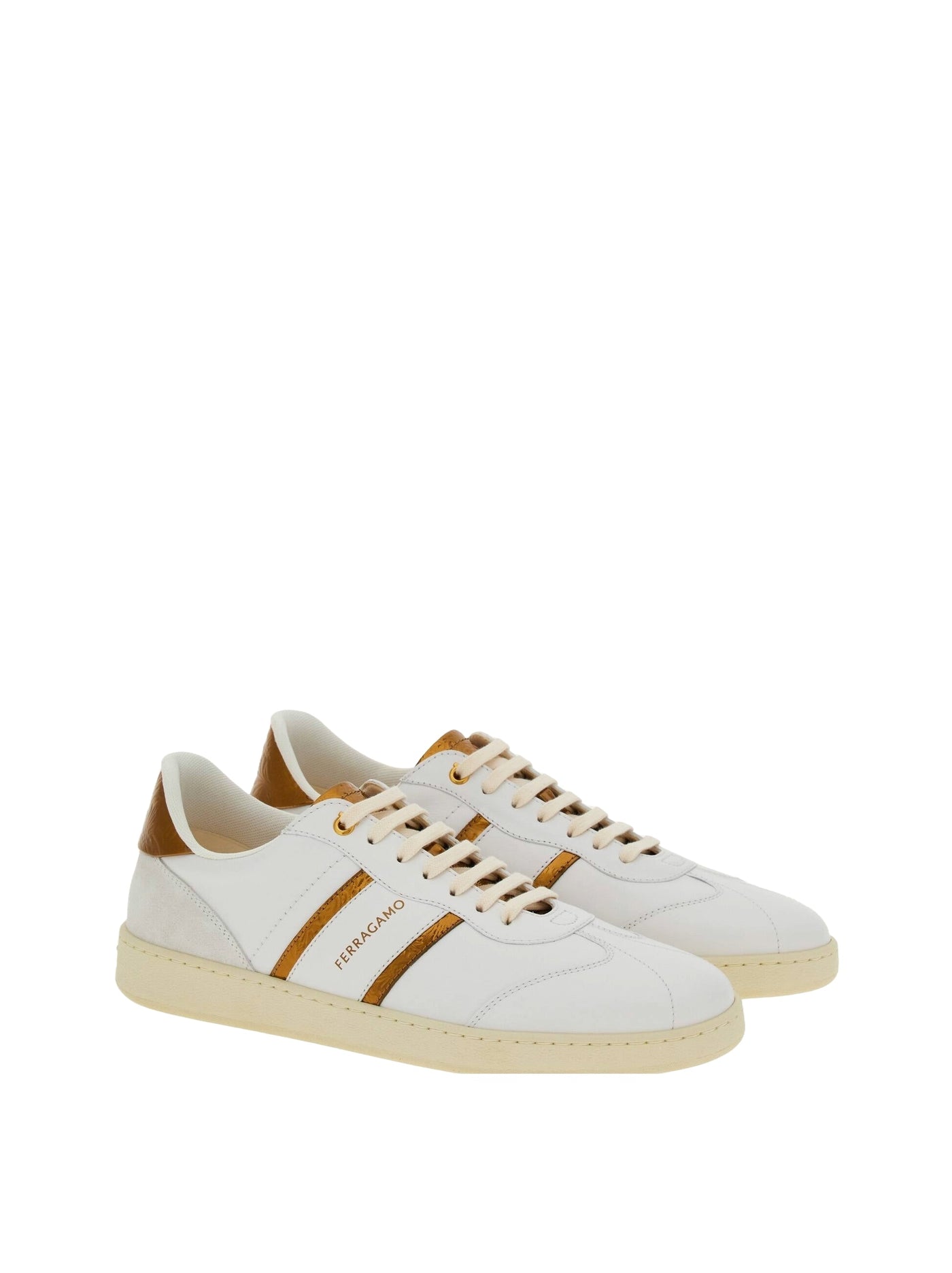 Salvatore Ferragamo Ferragamo Achille 2 Low Top Sneaker In White And Gold